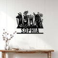 Alpaca family wall sign displayed on a light paneled wall above a wooden console table