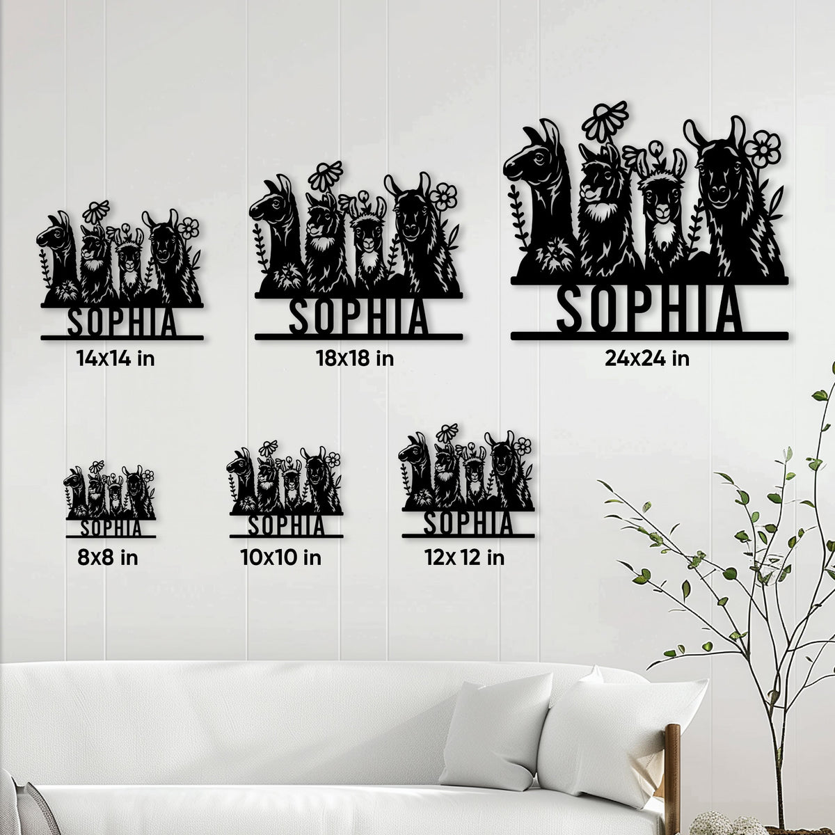 Alpaca family metal sign size guide showing six available square size options