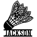 Ornate floral badminton shuttlecock metal sign with a bold custom design base
