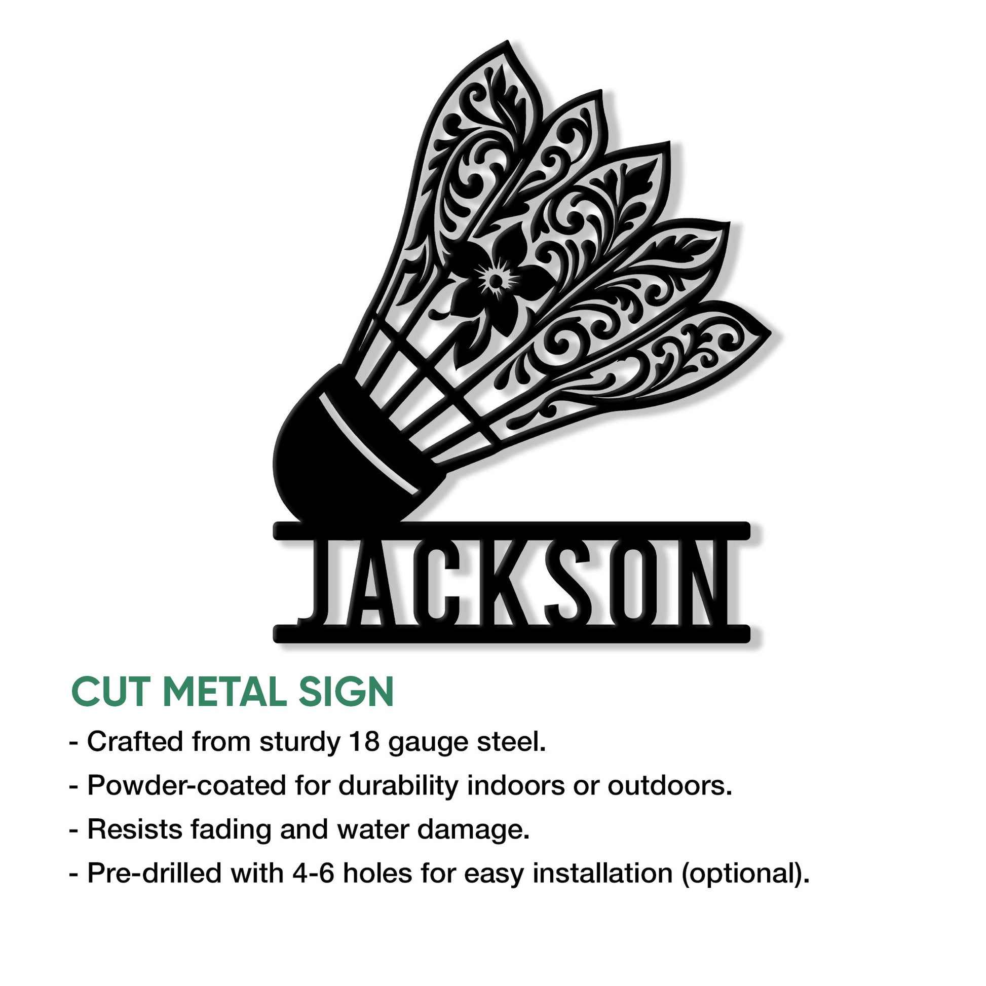 Decorative badminton shuttlecock metal sign presented as a detailed cut-metal wall accent