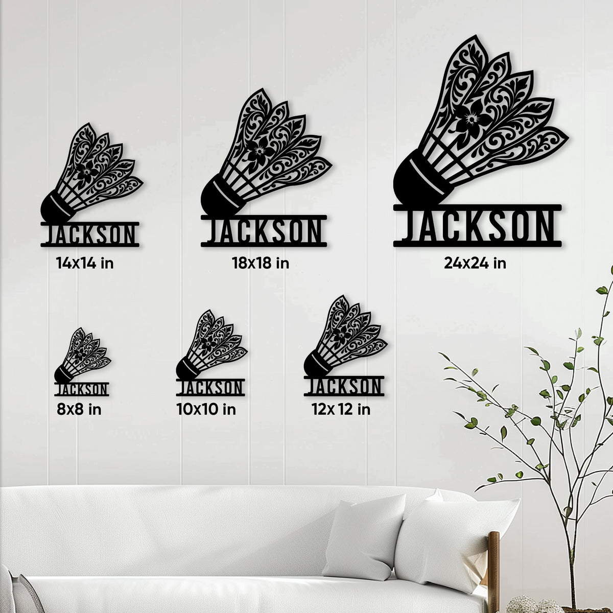 Badminton shuttlecock metal sign size guide showing available 8, 10, 12, 14, 18, and 24 inch options