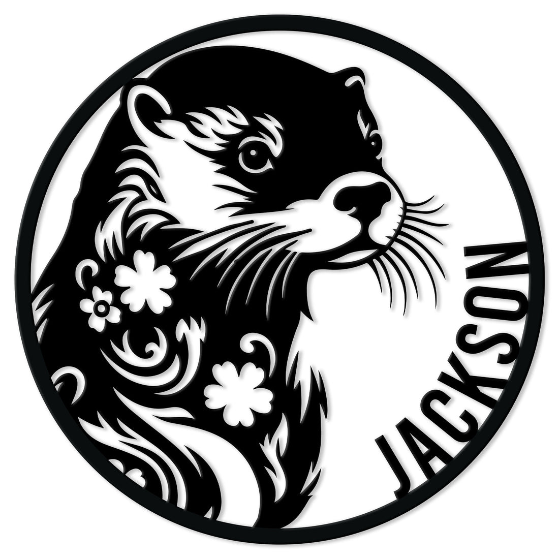 Black and white otter portrait metal sign with floral details in a round wall decor design