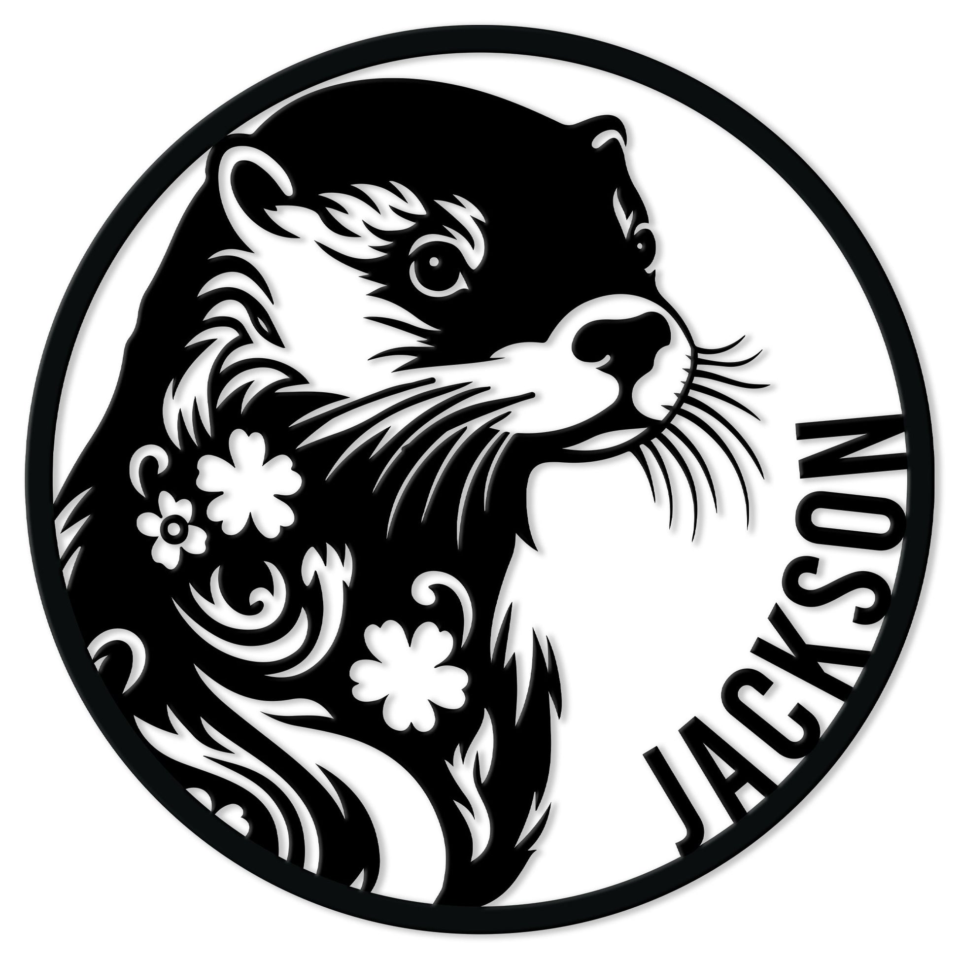 Black and white otter portrait metal sign with floral details in a round wall decor design