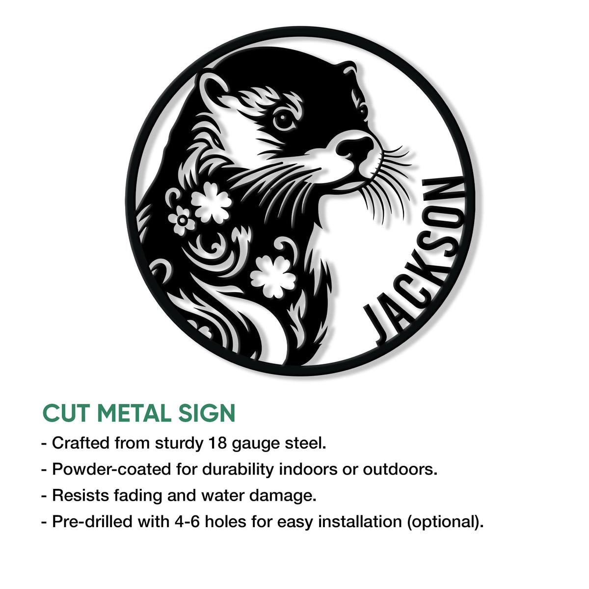 Round otter metal sign shown with a cut-metal design and indoor or outdoor decor presentation