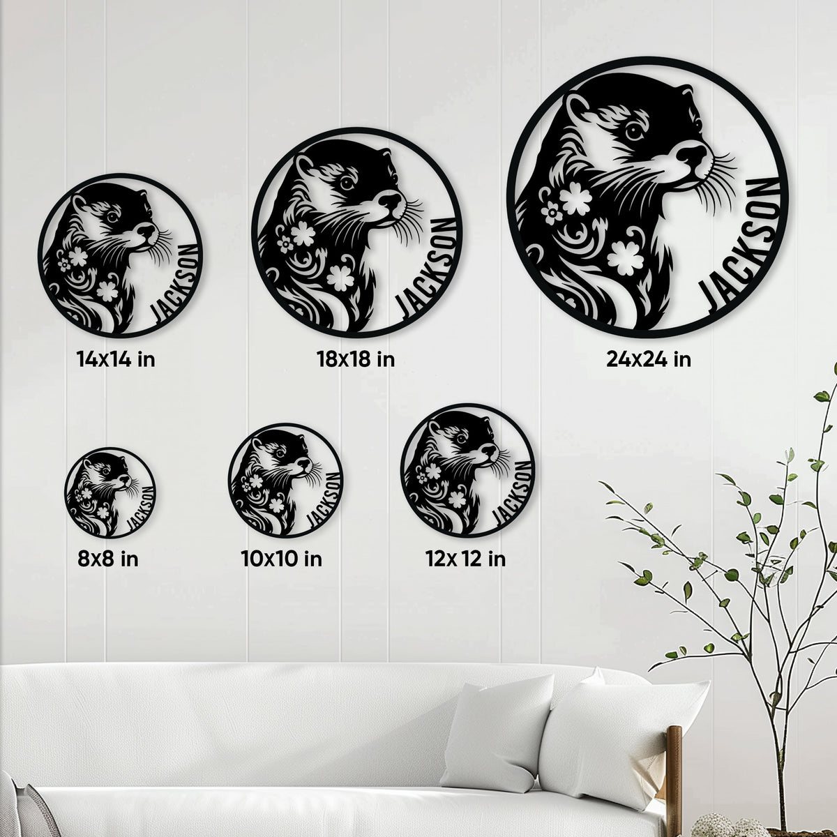 Otter metal sign size guide showing several round size options in a home decor setting