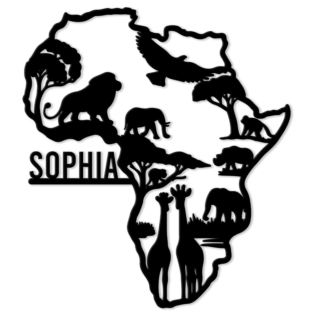 African wildlife metal sign featuring a continent silhouette filled with lion, elephant, giraffe, zebra, and acacia silhouettes