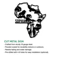 African safari wildlife metal sign shown in a product feature graphic with a bold continent-shaped animal silhouette