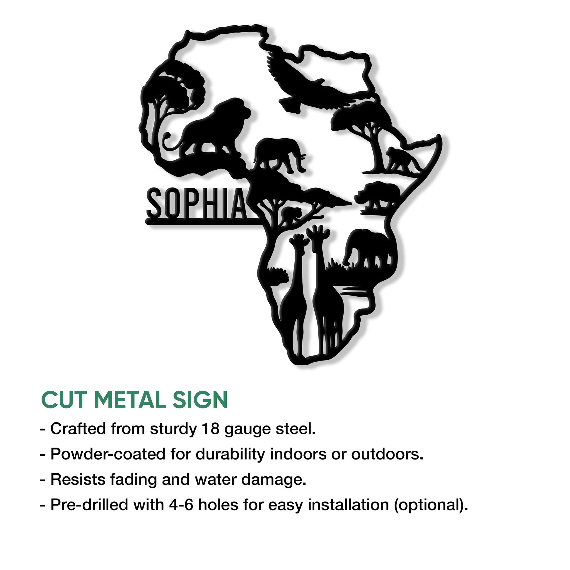 African safari wildlife metal sign shown in a product feature graphic with a bold continent-shaped animal silhouette