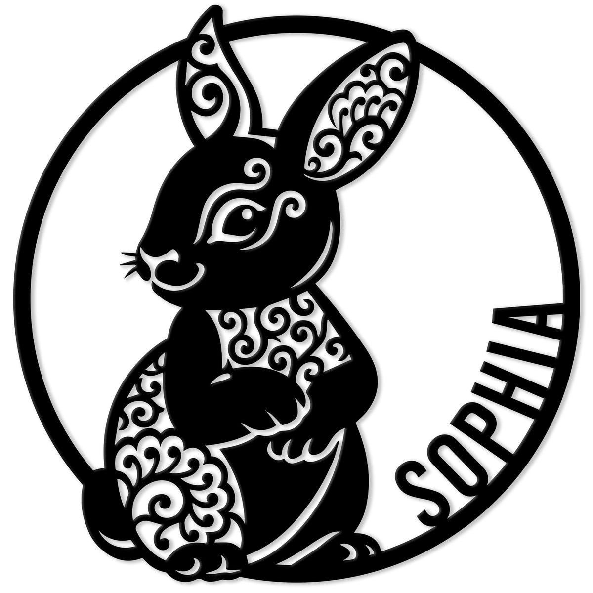 Ornate black rabbit metal sign with filigree details inside a circular silhouette