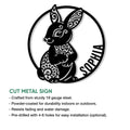 Decorative rabbit cut metal sign shown with product feature information and indoor or outdoor use context