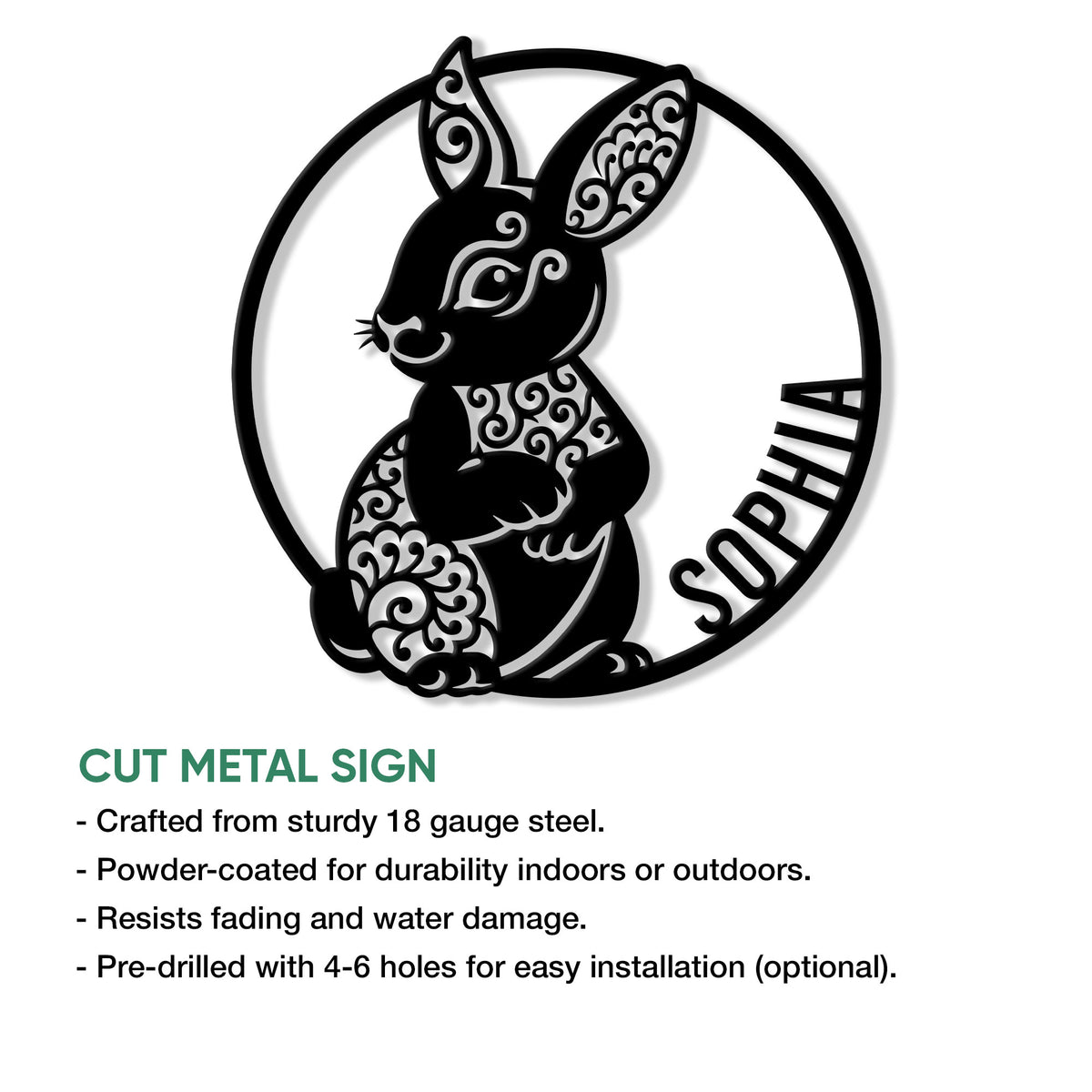 Decorative rabbit cut metal sign shown with product feature information and indoor or outdoor use context