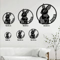 Rabbit metal sign size guide showing circular designs in six square dimensions from 8 to 24 inches