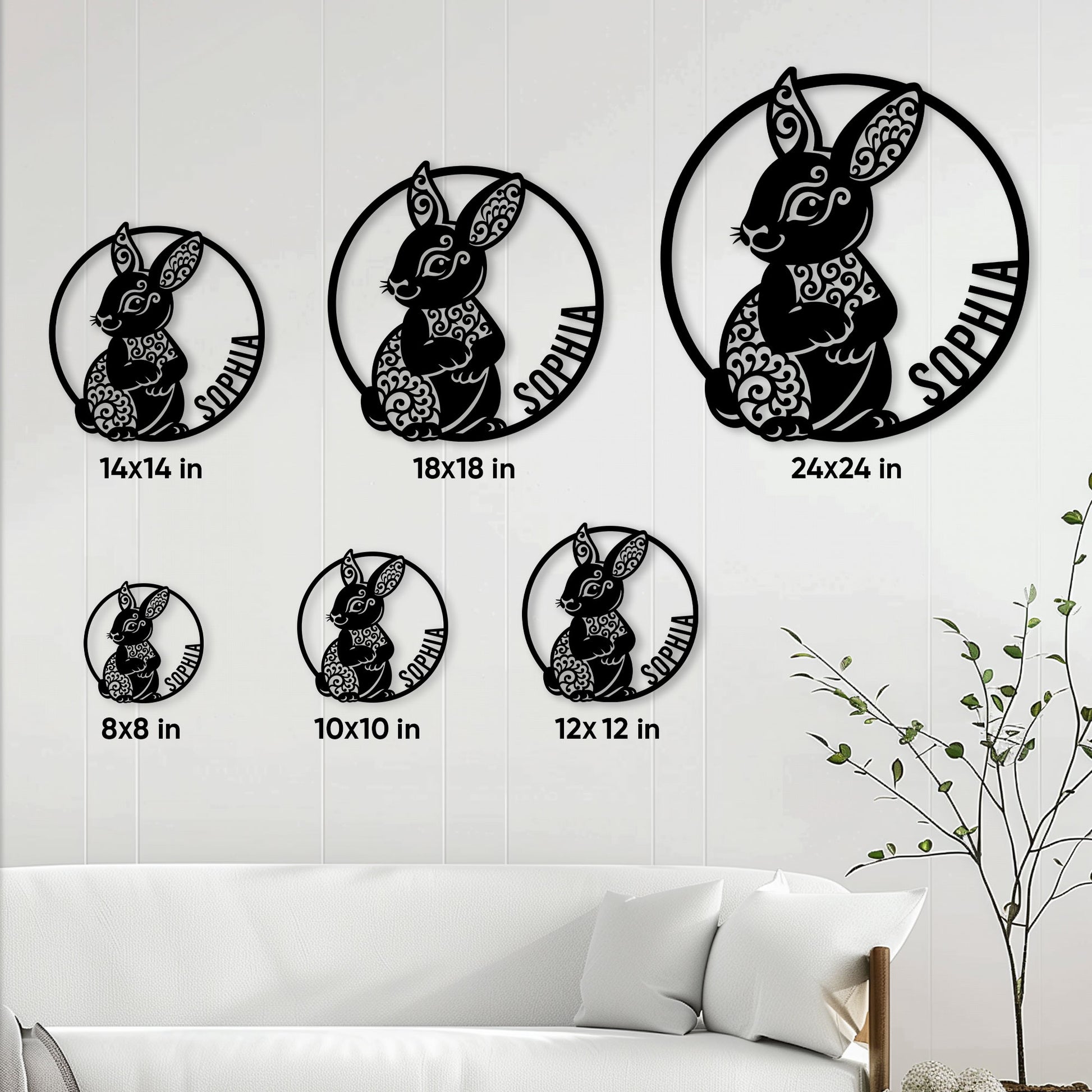 Rabbit metal sign size guide showing circular designs in six square dimensions from 8 to 24 inches
