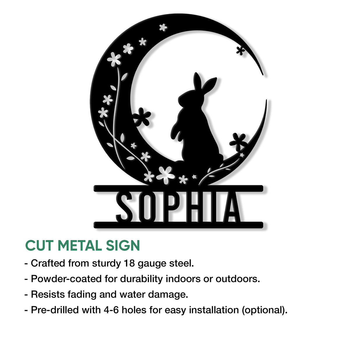 Rabbit crescent moon metal sign shown with cut metal sign features and installation details