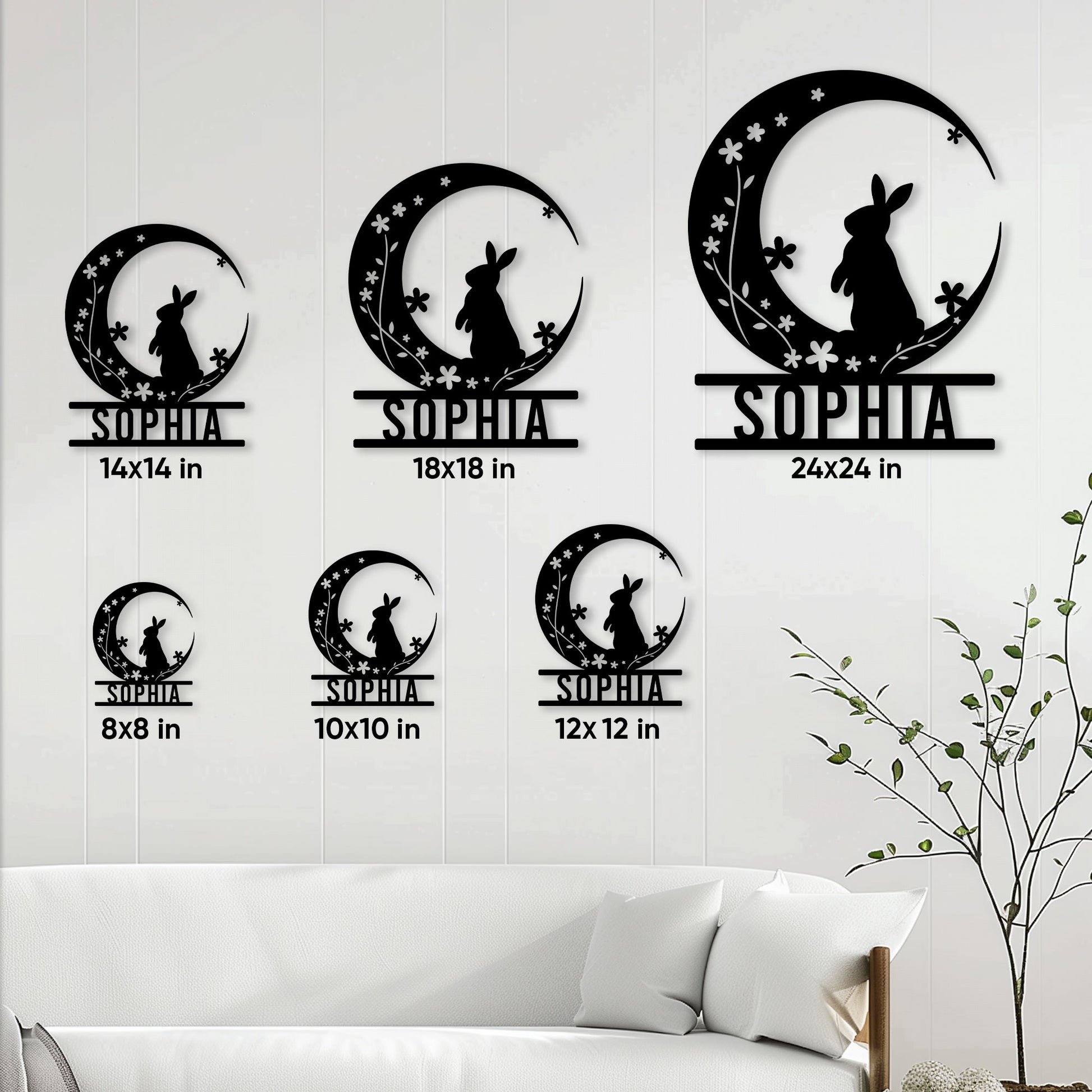 Rabbit crescent moon metal sign shown in six size options for home wall decor