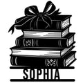 Black metal sign featuring a stack of books topped with a decorative bow for book lovers