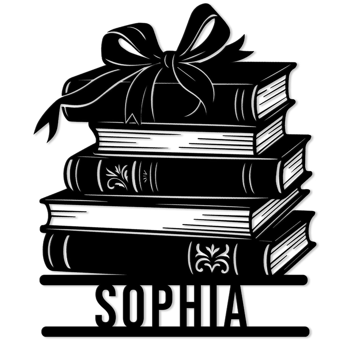 Black metal sign featuring a stack of books topped with a decorative bow for book lovers