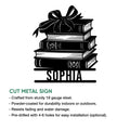Book lover metal sign shown with a stacked book design and decorative bow in a product feature graphic