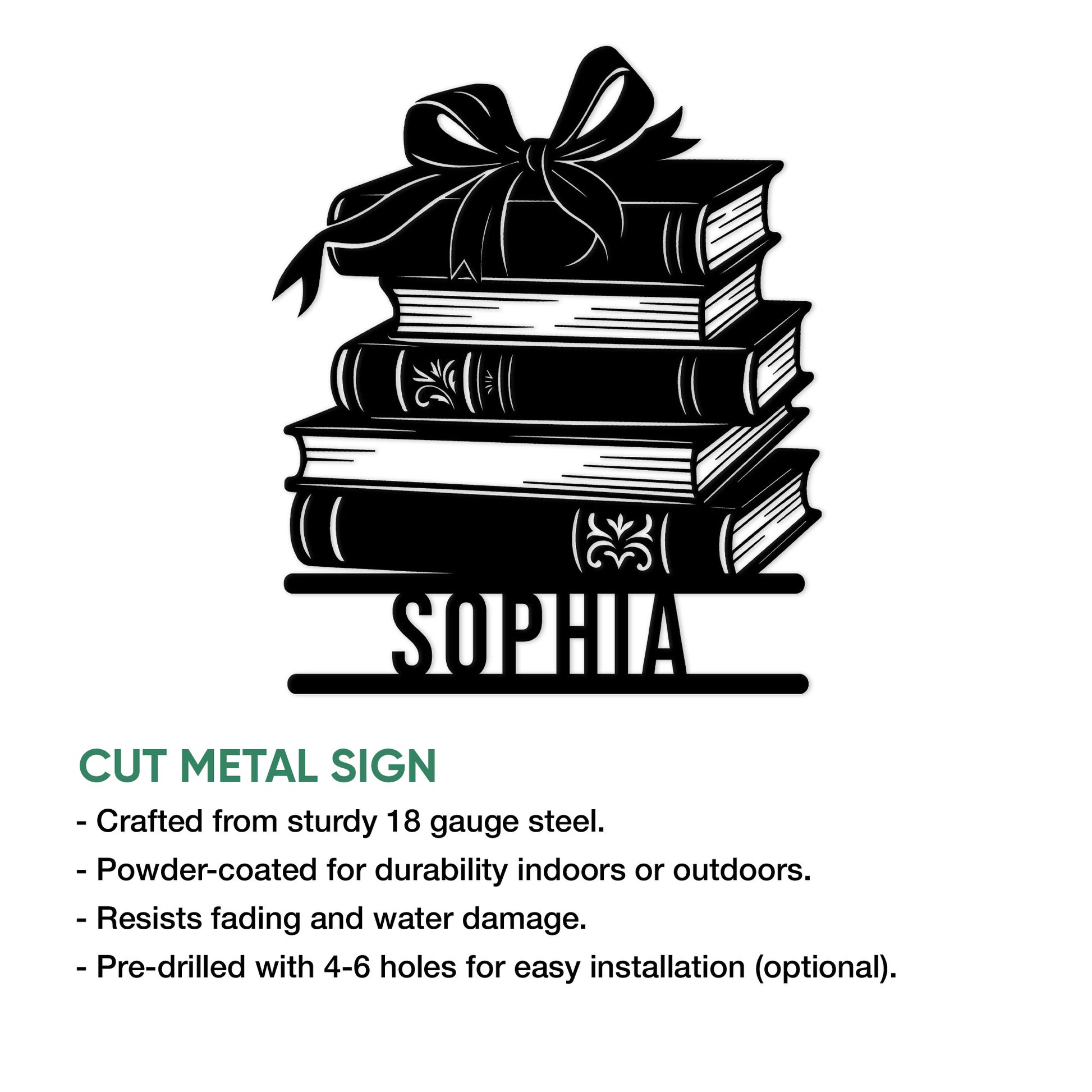 Book lover metal sign shown with a stacked book design and decorative bow in a product feature graphic