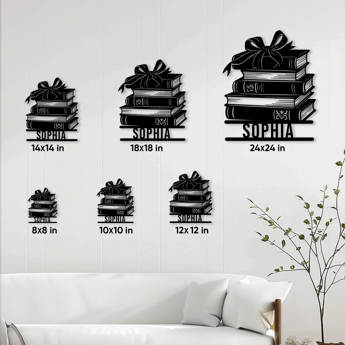 Book stack metal sign shown in multiple sizes on a bright living room wall for size comparison