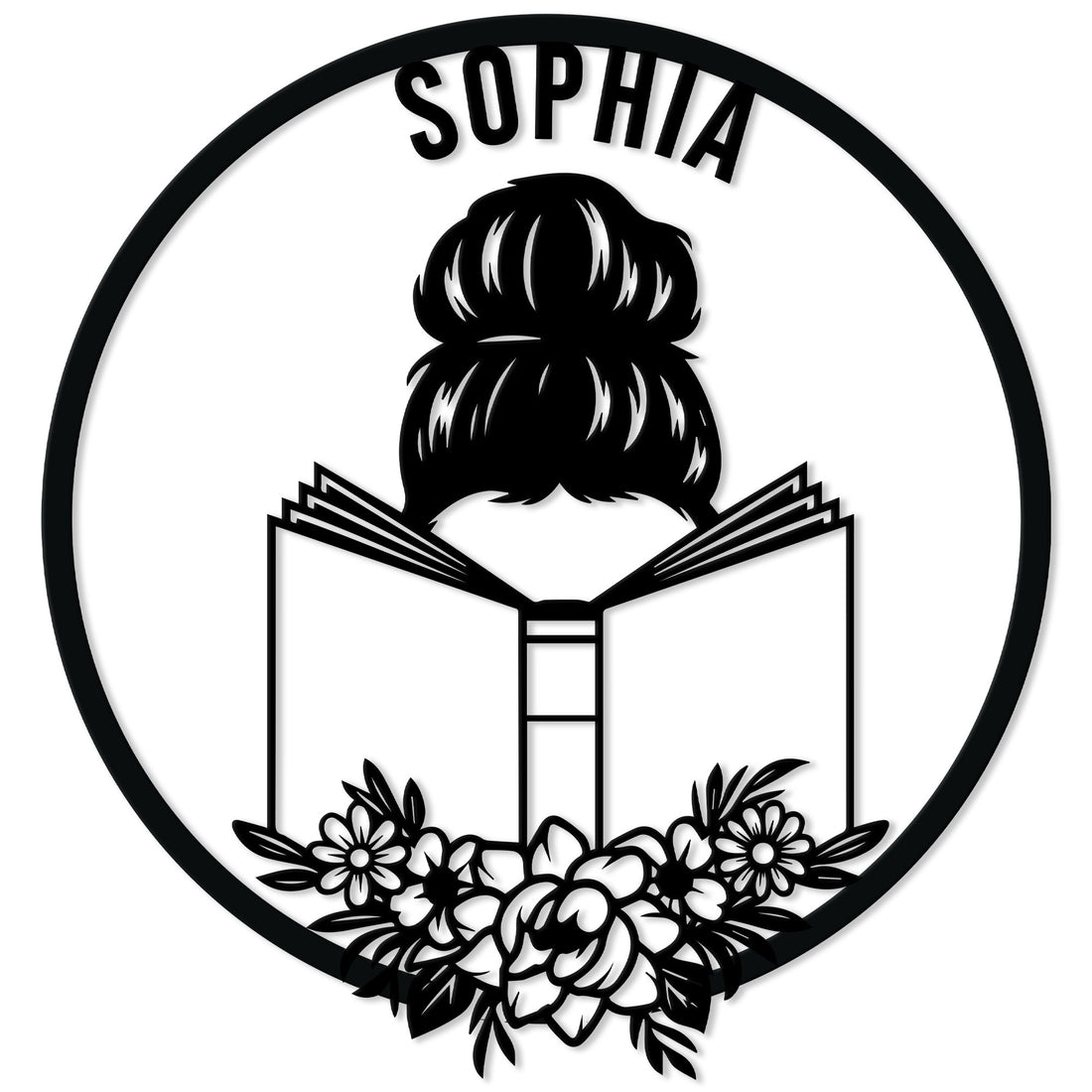 Custom book lover metal sign featuring a woman reading an open book within a floral circular frame