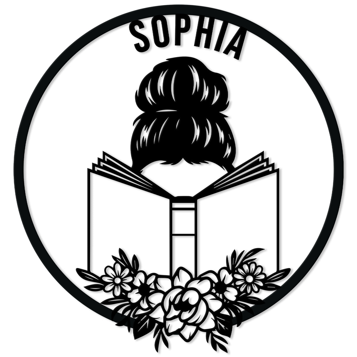 Custom book lover metal sign featuring a woman reading an open book within a floral circular frame
