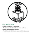 Book lover metal sign shown with a floral reader design and cut metal sign feature details
