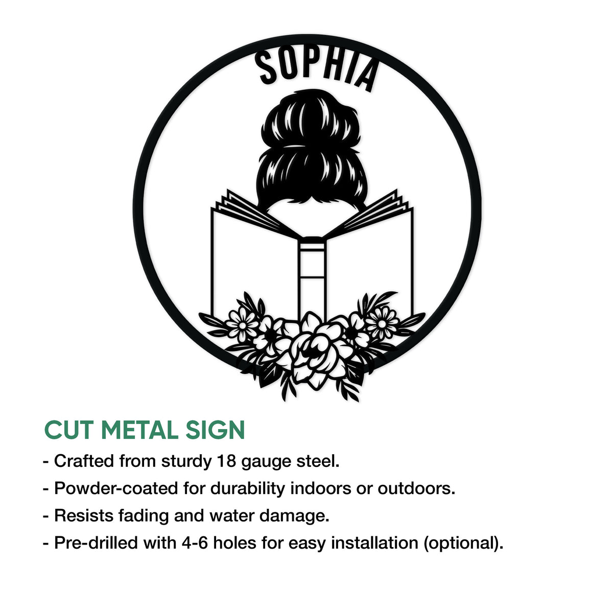 Book lover metal sign shown with a floral reader design and cut metal sign feature details