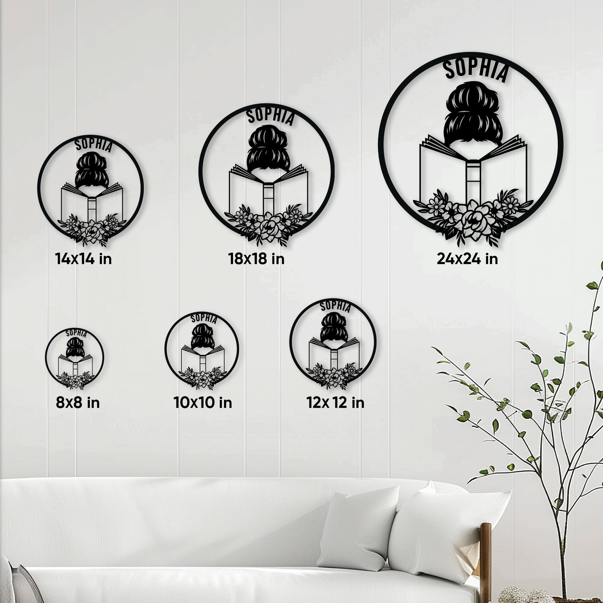 Book lover metal sign size guide showing available 8, 10, 12, 14, 18, and 24 inch options