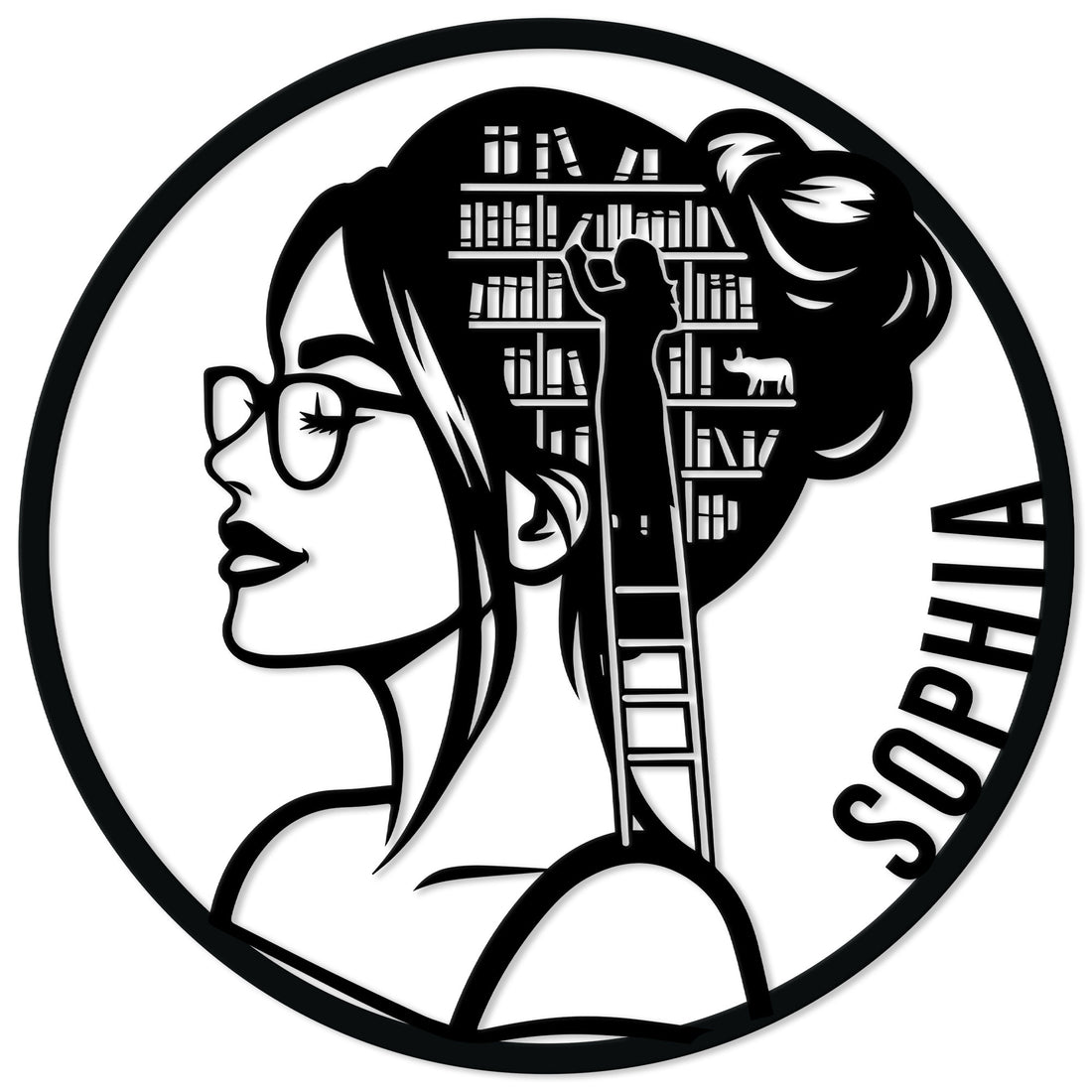 Book lover metal sign featuring a woman in glasses with a bookshelf-inspired hairstyle and bold circular frame