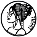 Book lover metal sign featuring a woman in glasses with a bookshelf-inspired hairstyle and bold circular frame