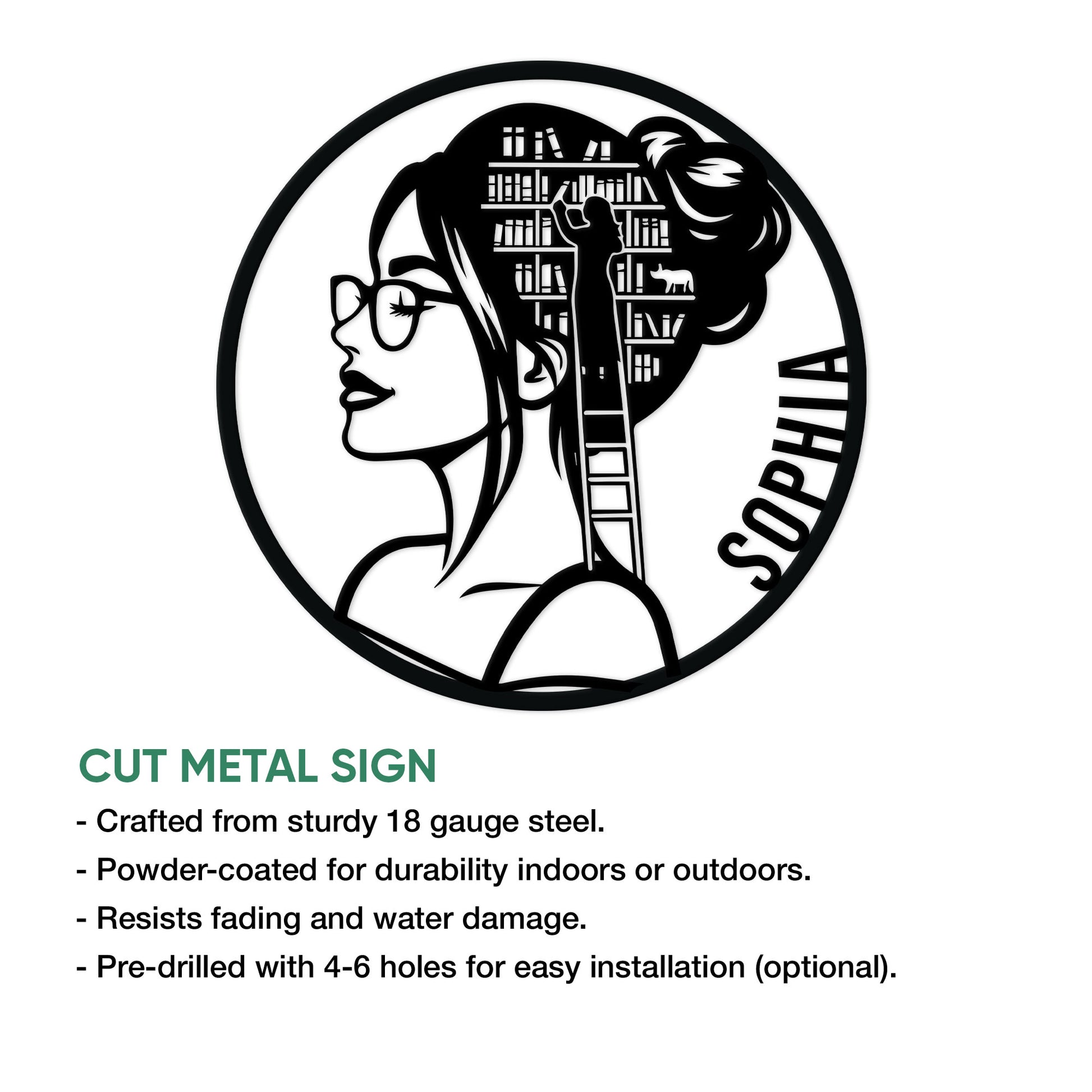 Book lover cut metal sign feature graphic showing the literary silhouette design and available sign details