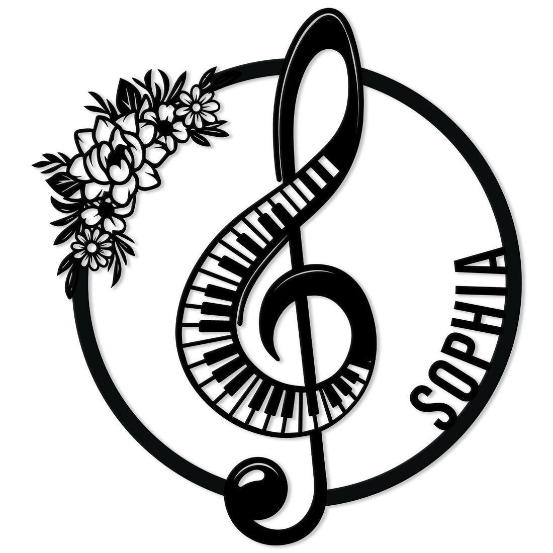 Custom piano metal sign featuring a treble clef formed from piano keys and a floral accent