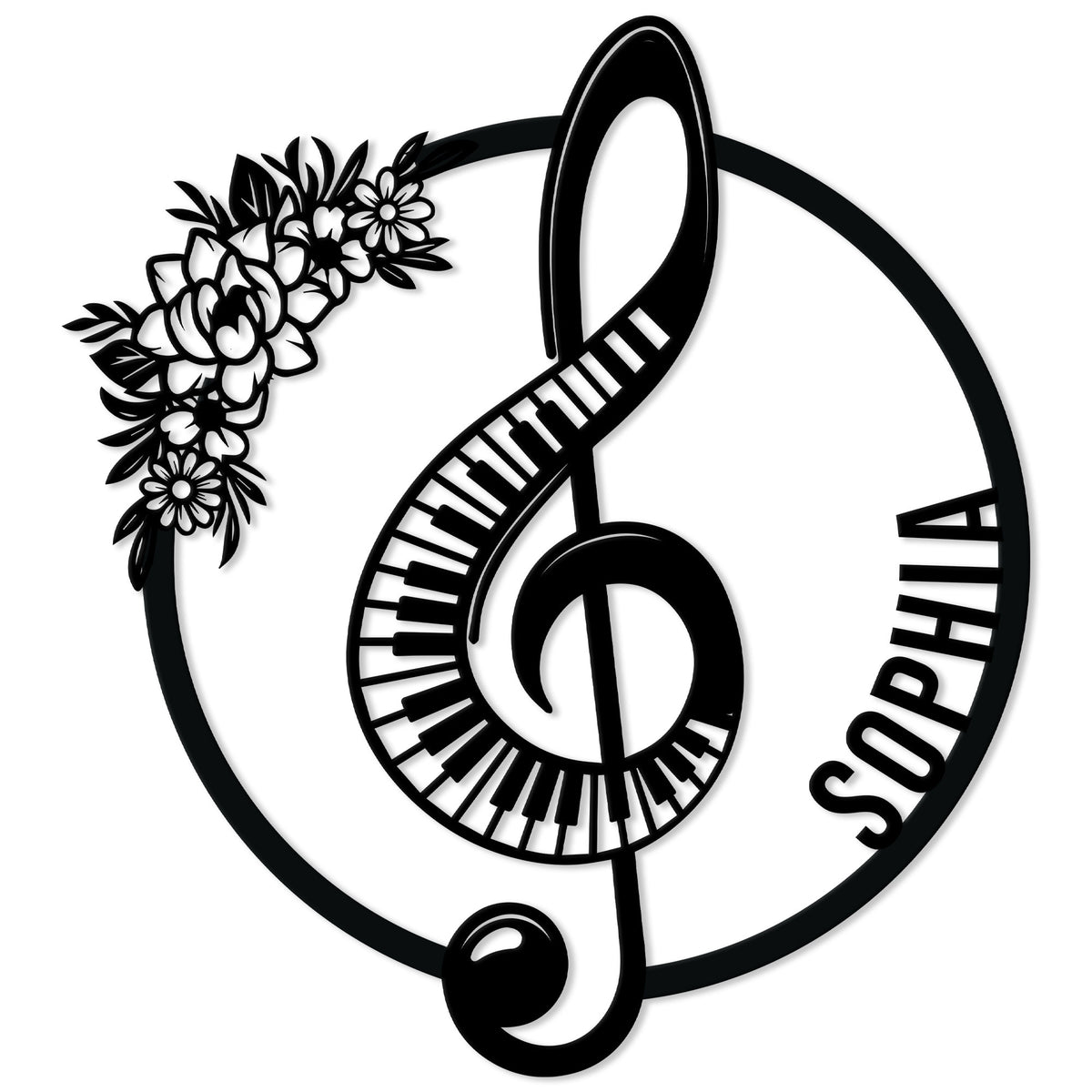 Custom piano metal sign featuring a treble clef formed from piano keys and a floral accent