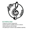 Piano metal sign product graphic showing the treble clef and floral design with product features