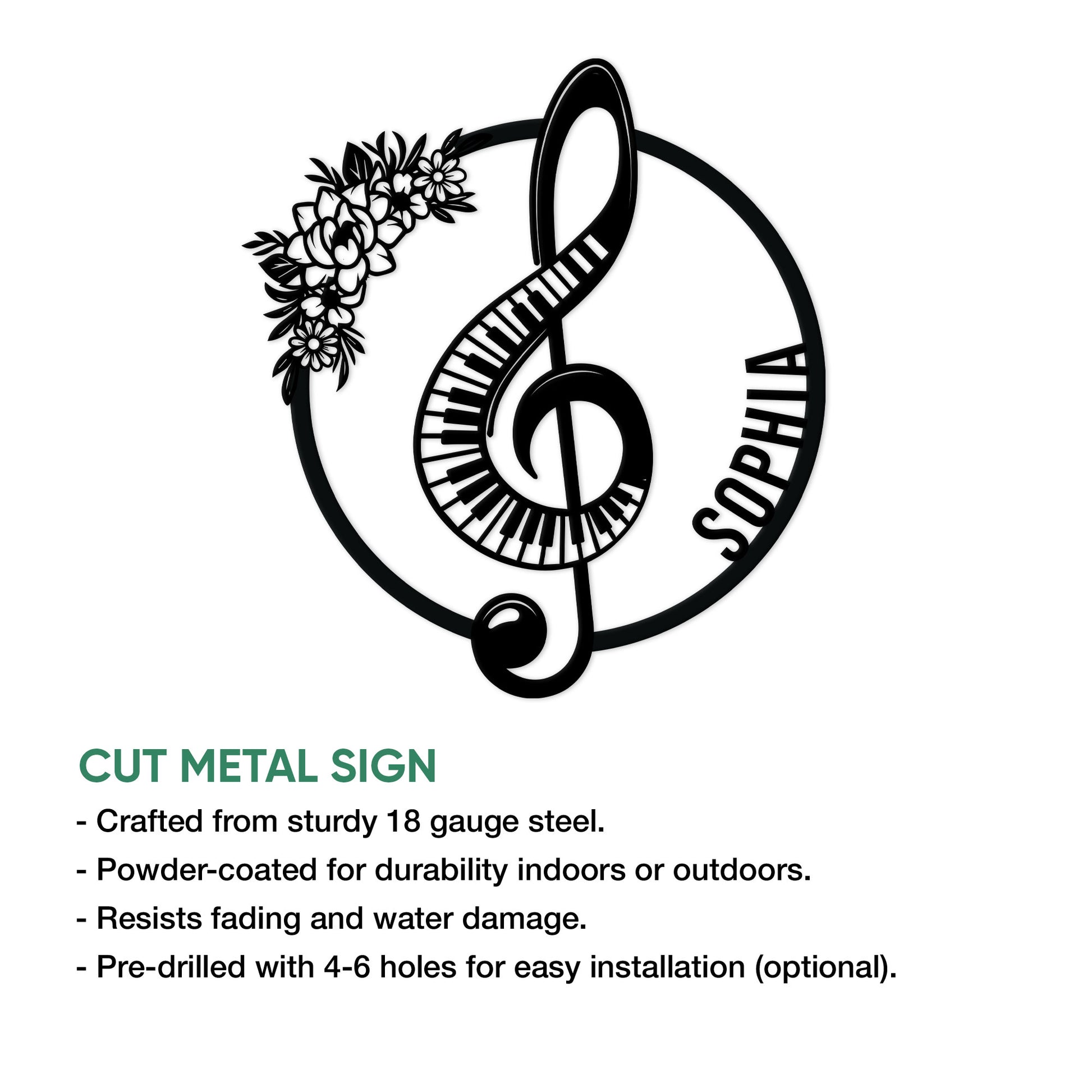 Piano metal sign product graphic showing the treble clef and floral design with product features