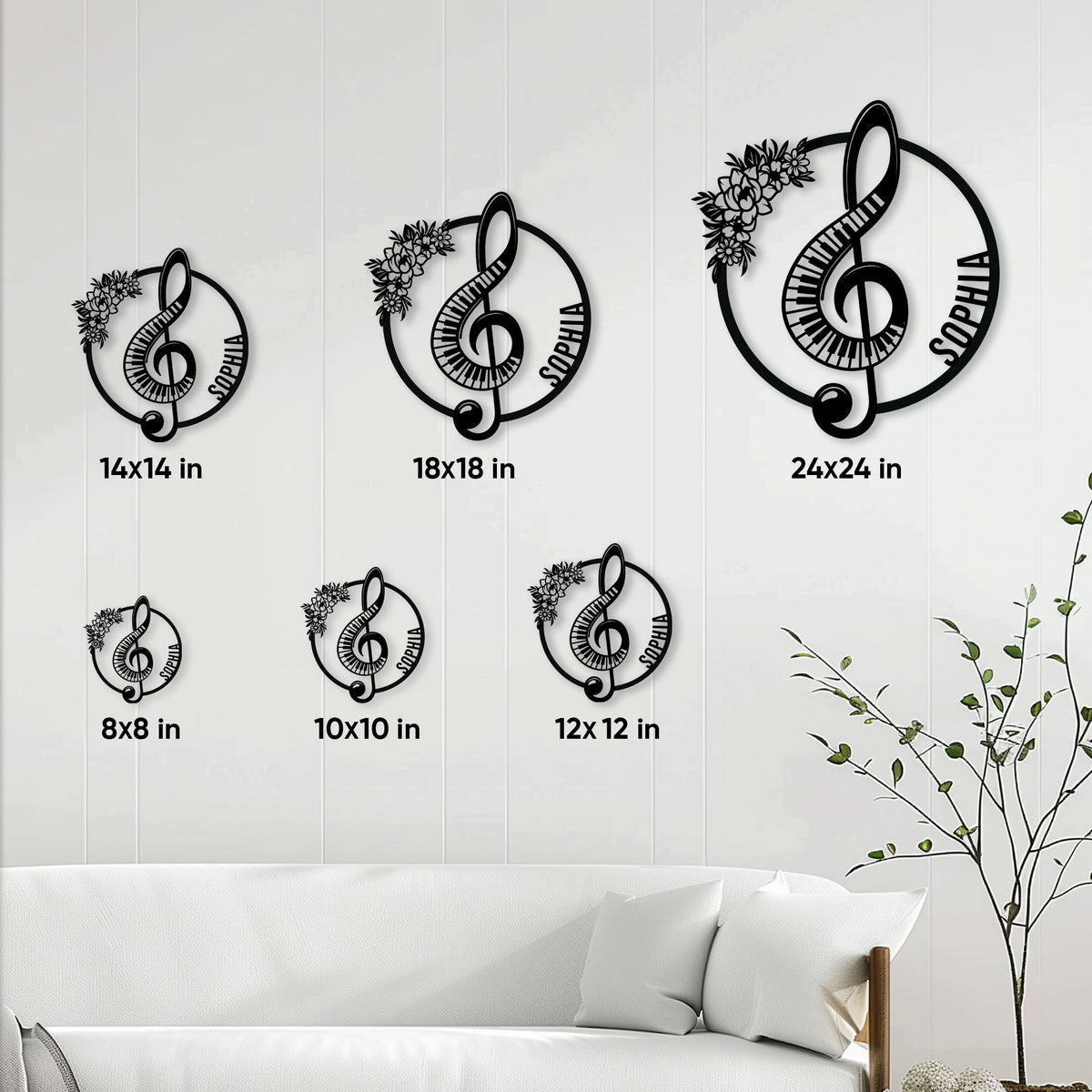 Piano metal sign size guide showing available square sizes from 8x8 to 24x24 inches