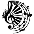Black piano key and treble clef metal sign surrounded by flowing musical notes