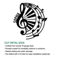 Piano music metal sign shown with a cut-steel design and product feature details