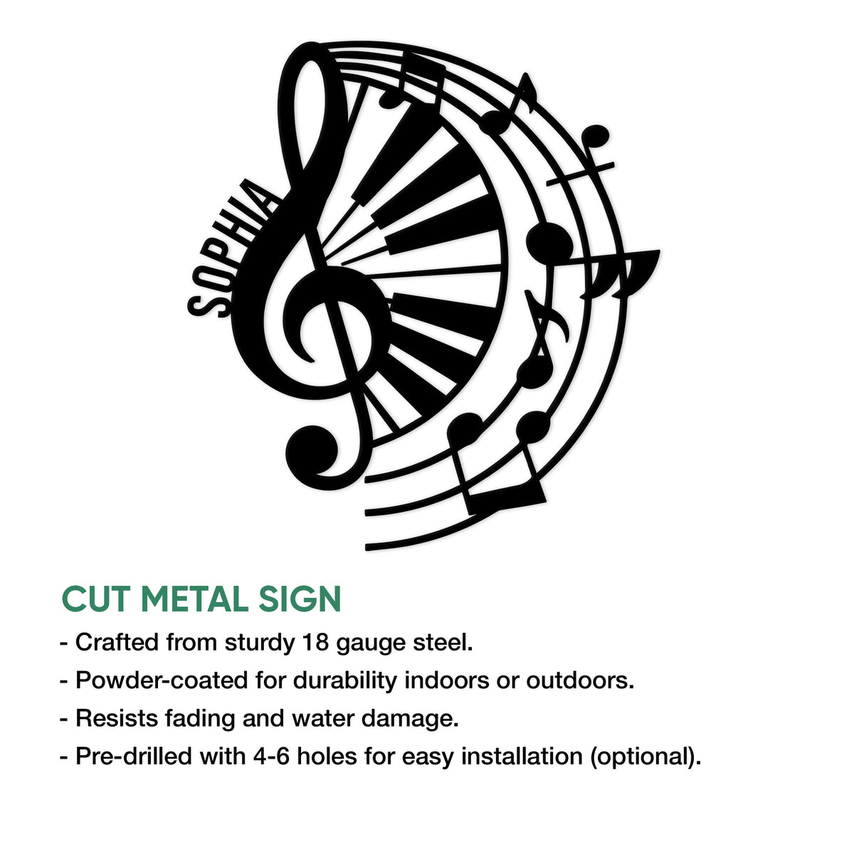 Piano music metal sign shown with a cut-steel design and product feature details