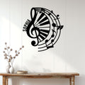 Piano-themed metal wall sign displayed above a console table in a bright home interior