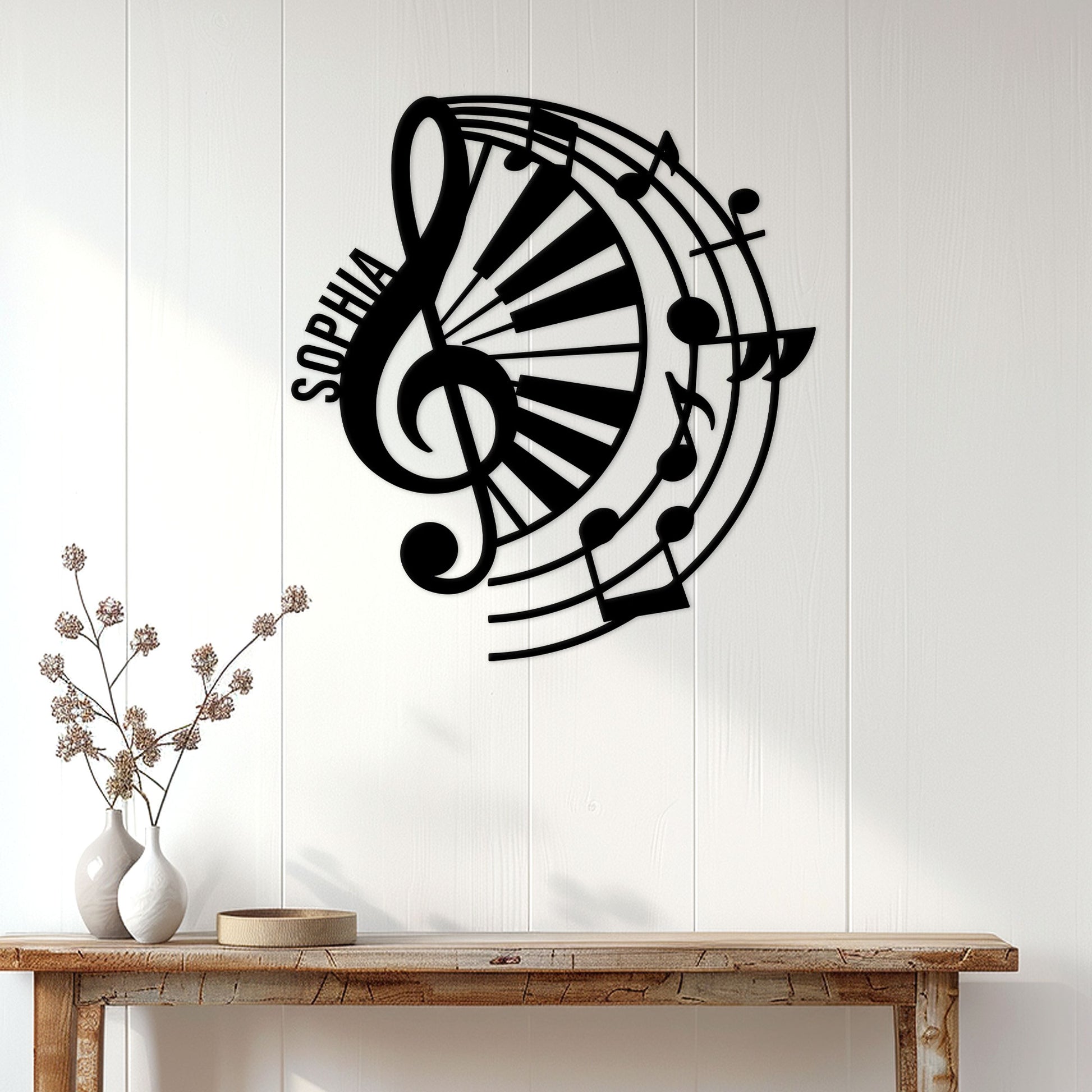Piano-themed metal wall sign displayed above a console table in a bright home interior
