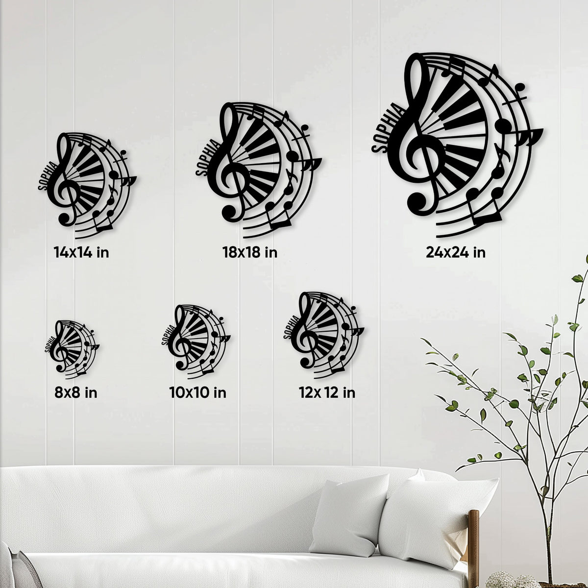 Piano music metal sign shown in multiple size options for different wall spaces