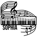 Piano metal sign featuring a keyboard, flowing musical staff, treble clef, and decorative music notes