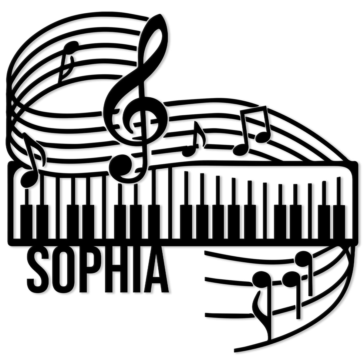 Piano metal sign featuring a keyboard, flowing musical staff, treble clef, and decorative music notes