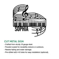 Piano wall sign design shown in a cut metal sign product feature guide