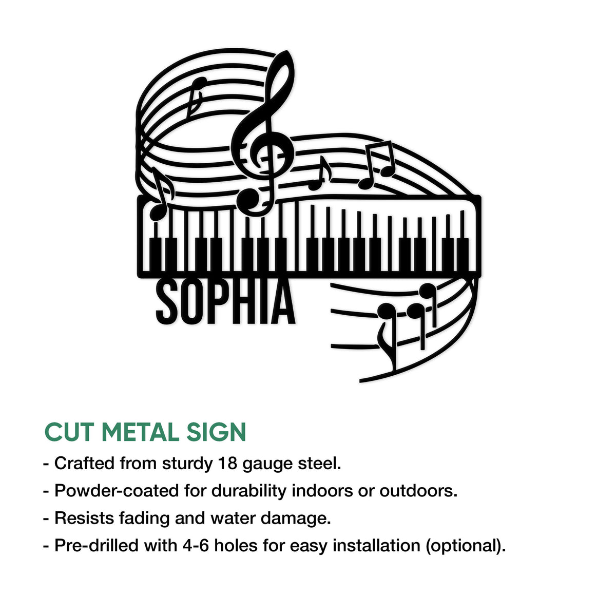 Piano wall sign design shown in a cut metal sign product feature guide