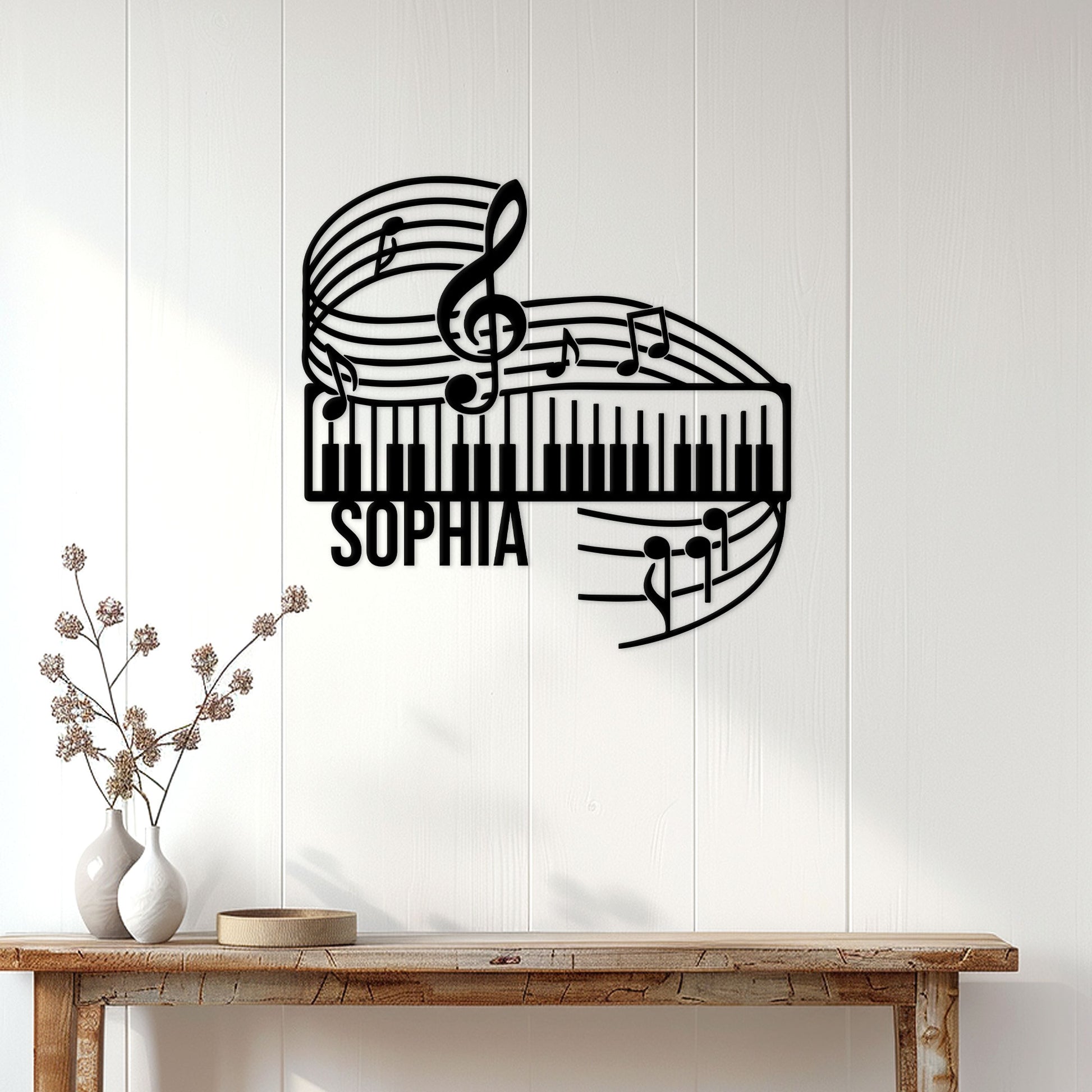 Piano music metal sign displayed as elegant wall decor above a console table