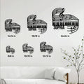 Piano metal sign size guide showing multiple square size options in a living room setting