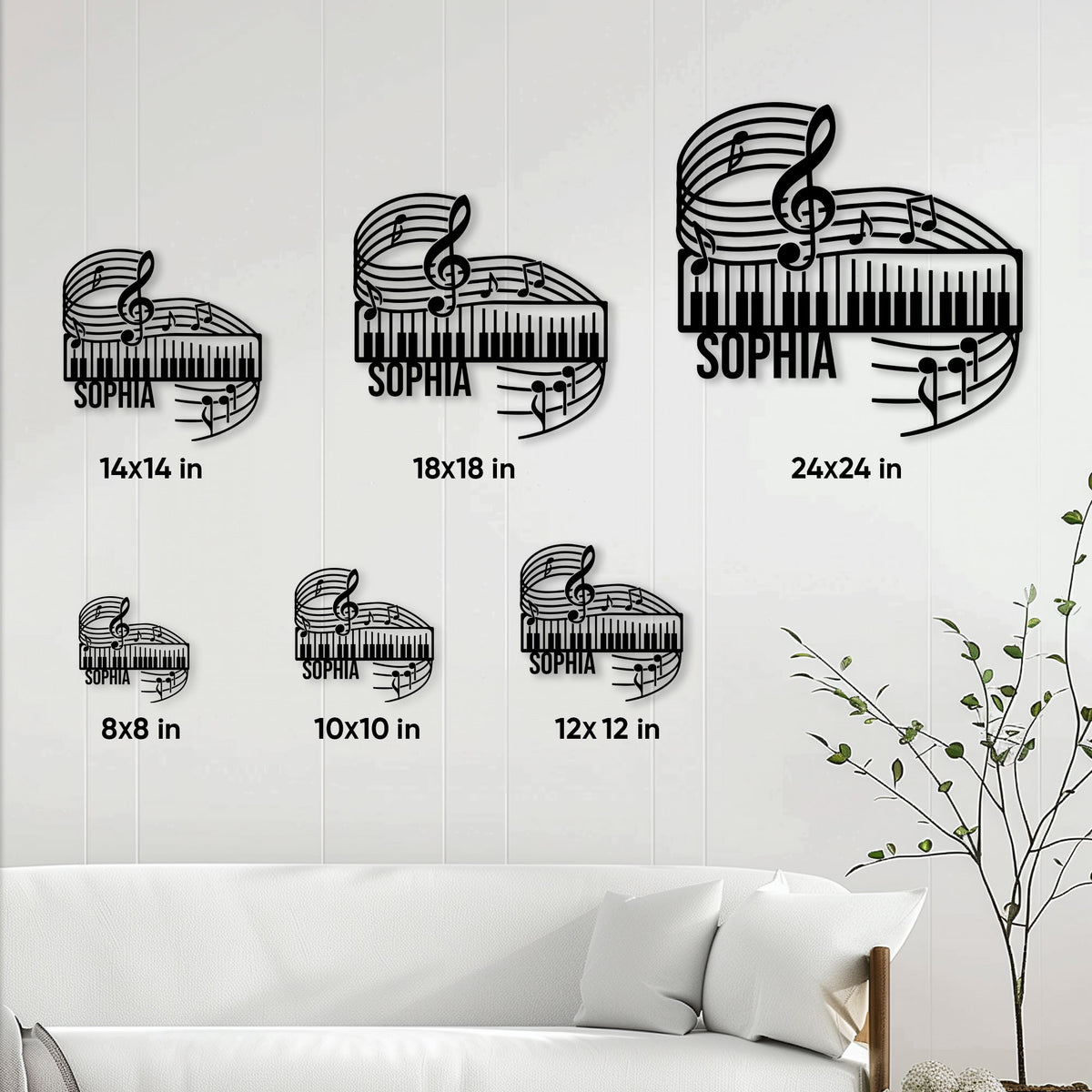 Piano metal sign size guide showing multiple square size options in a living room setting